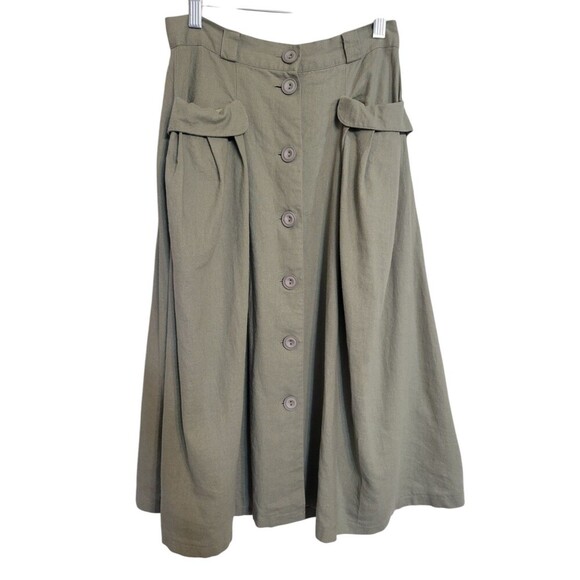 Modcloth Effortless Feature Midi Skirt Sz 2 Linen Blend Olive Green Pockets F243 - Picture 3 of 13